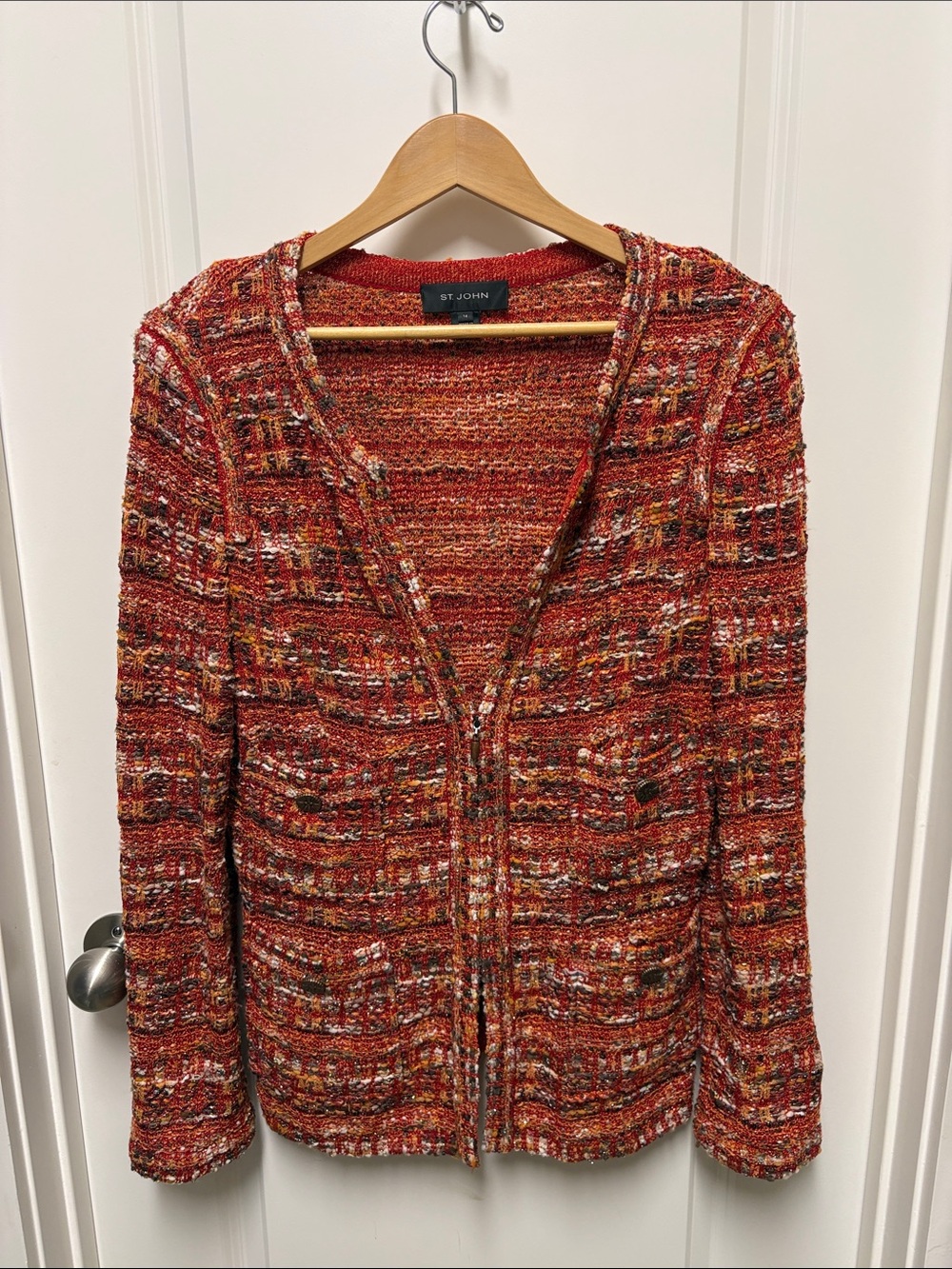 ST. JOHN Fall Rust Textured Zip Front Rayon Blend Textile Jacket Size 14